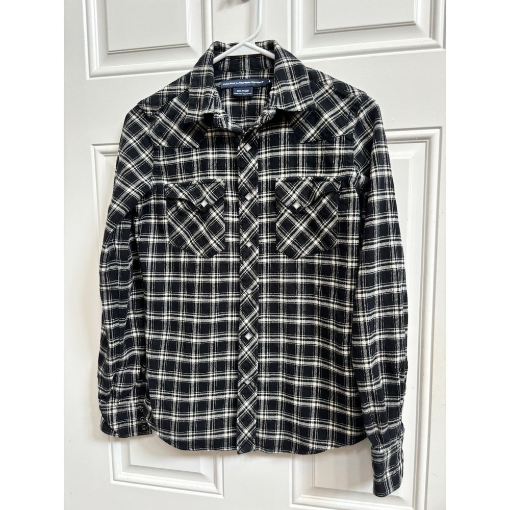 Ralph Lauren Sport Black/White Plaid Flannel Shirt Women's Size 4 Pearl Snaps